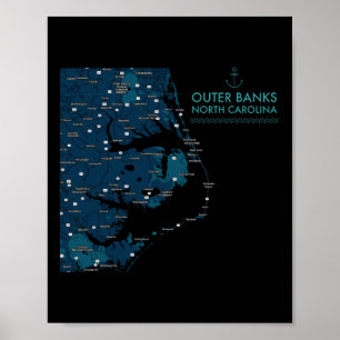 Poster Obx Nc Outter Banks Map Duck Corolla Beach Vacing