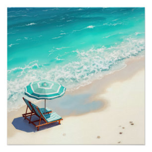 Pôster Ocean Beach com Chaise Lounge e Umbrella