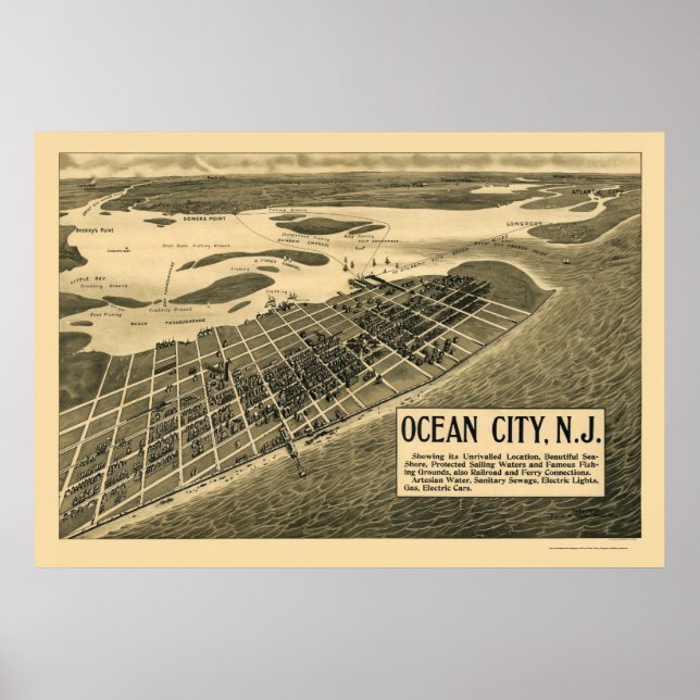 Pôster Ocean City, Mapa Panorâmico NJ - 1903 (Frente)