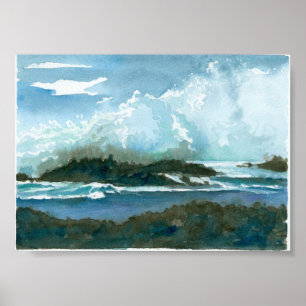 Pôster Ocean Hawaii Oahu Waves Splash Watercolor Art