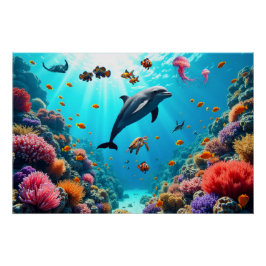 Pôster Ocean Life with Dolphin and Coral Reef Poster