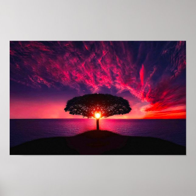 Poster Ocean Sea Tree Roxo Sunset Add Name (Frente)