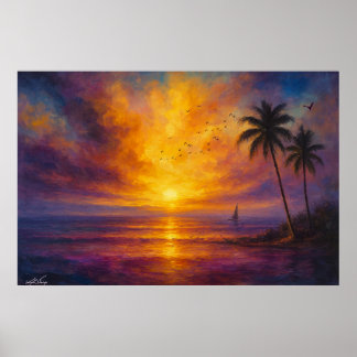 Poster Ocean Sunset Escape - Vibrant Sky with Sailboat
