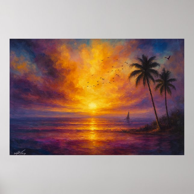Poster Ocean Sunset Escape - Vibrant Sky with Sailboat (Frente)