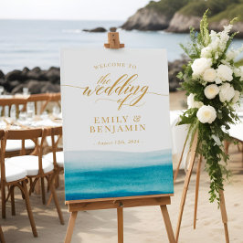 Poster Ocean Watercolor Dourado Script Beach Weding