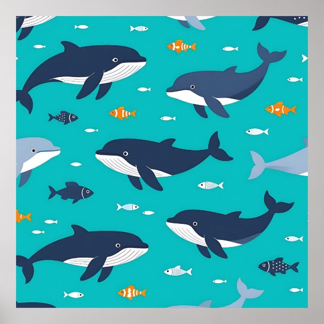 Poster Ocean Whales Dolphins Pattern (Frente)