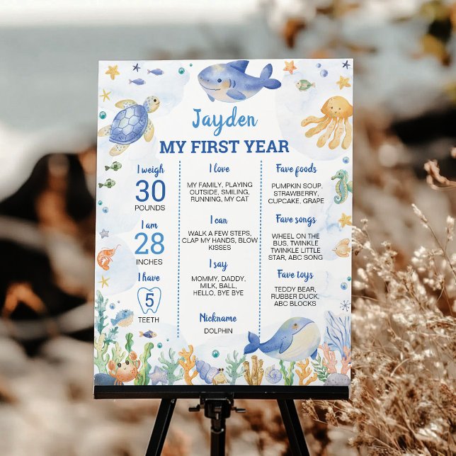 Poster Oceano Animais Menino Sob o Marco de Aniversário (Criador carregado)