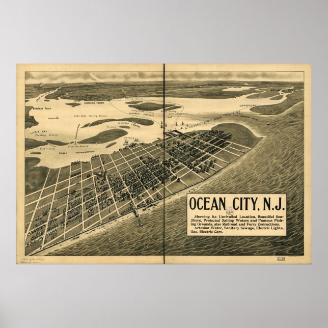 Poster Oceano Cidade 1903, NJ Birds Olhos Ver Mapa Panorâ (Frente)