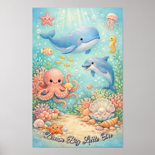Poster Oceano Pastel Baleia Polvo Cavalo-Marinho Menino A