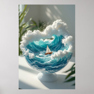 Poster 🌊 Oceano Surreal em Globo de Vidro Pequeno Barco