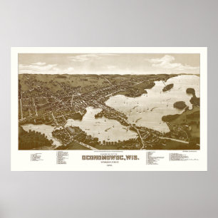 Pôster Oconomowoc, mapa panorâmico dos WI - 1885