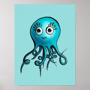 Poster Octopus Azul-Cinto - Kawaii Cartoon Sea Animal Kid