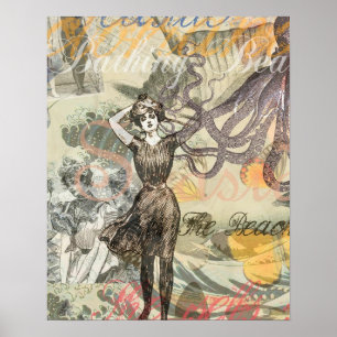 Pôster Octopus Beach Antique Coastal Steampunk