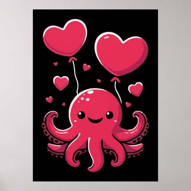 Poster Octopus bonito com balões cardíacos, Dia de os nam (Frente)