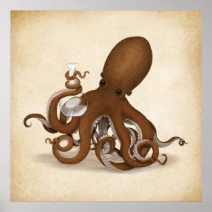 Poster Octopus Chemist Segurando Flask Steampunk Lab