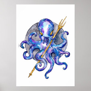 Poster Octopus com Trident Watercolor