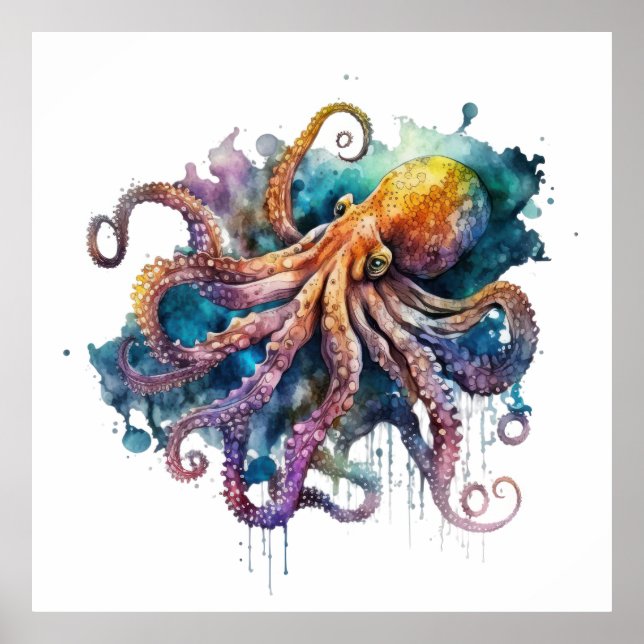 Poster Octopus de Aquarela (Frente)