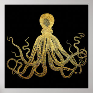 Poster Octopus Dourado de Tinta Preta Costeira Náutica