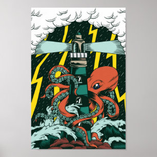 Poster Octopus e Farol do Estilo de Tatuagem Tradicional
