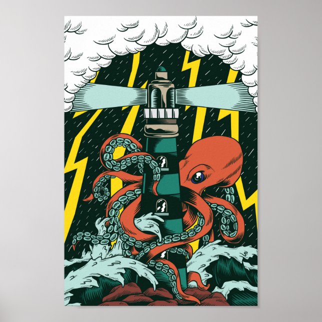 Poster Octopus e Farol do Estilo de Tatuagem Tradicional (Frente)