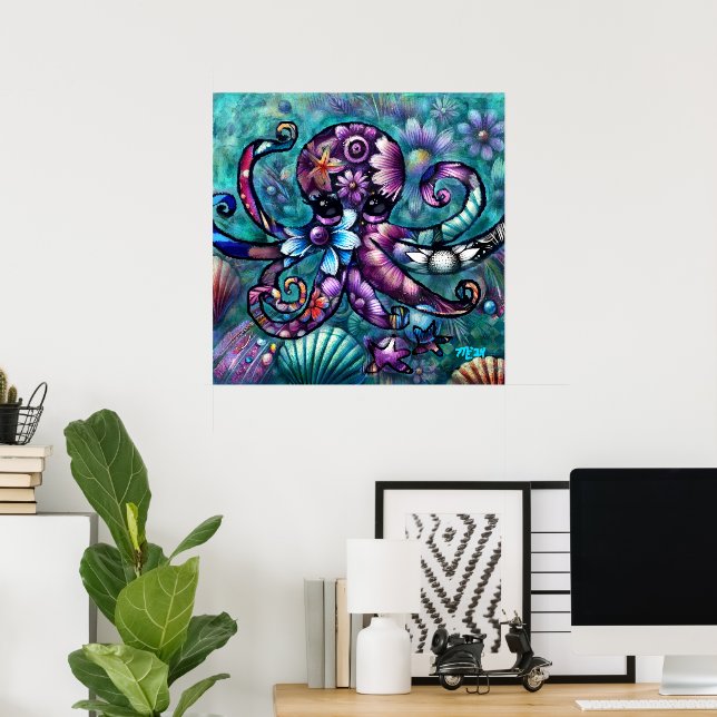 Poster Octopus Floral Teal Roxo Azul Costeira (Escritório em casa)