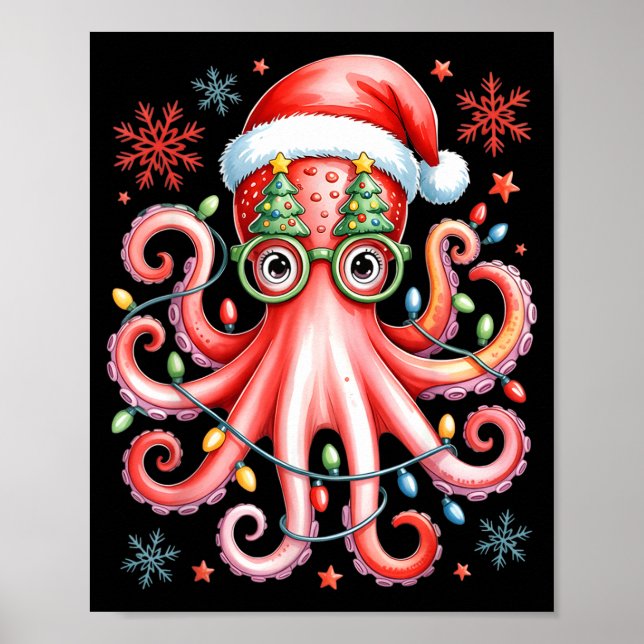 Poster Octopus Gles Santa Hat Christmas Light Ocean Anima (Frente)