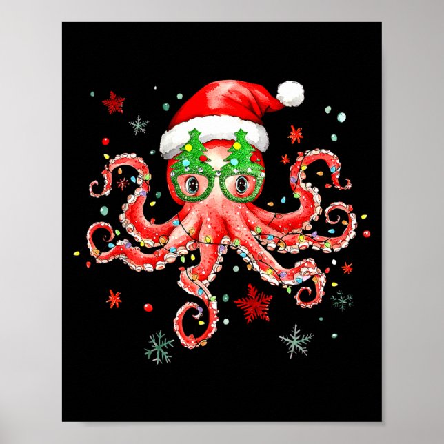 Poster Octopus Gles Santa Hat Christmas Light Ocean Anima (Frente)