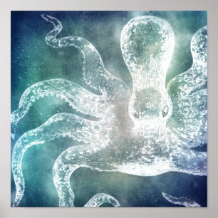 Poster Octopus Meia-Noite Azul Tear Aquarela Vintage Art