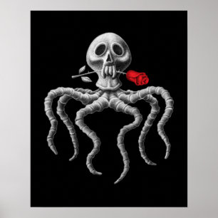 Poster Octopus preto-e-branco Crânio com Rosa vermelha