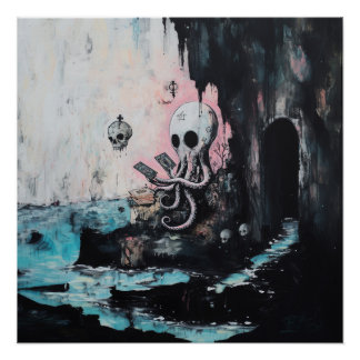 Pôster Octopus Skull Tarot Witchy AI Art Sem Gloss