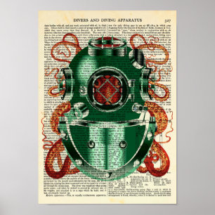 Poster Octopus Vestindo Capacetes de Mergulho Curiosidade