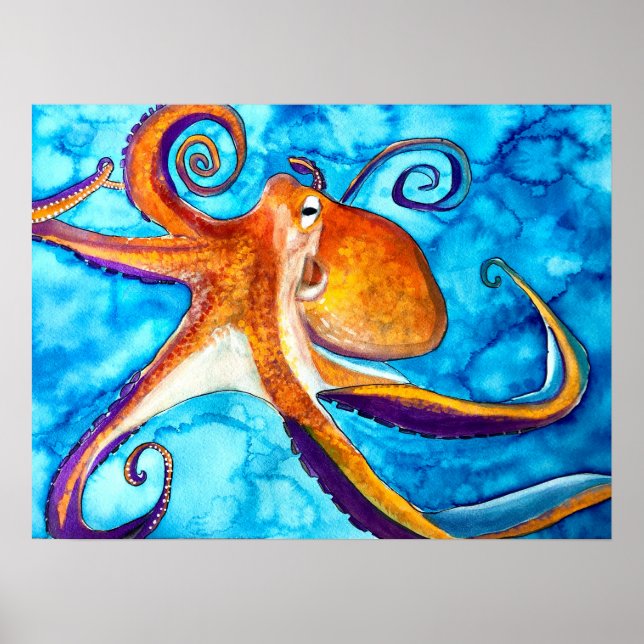 Poster Octopus watercolor sob a arte do mar (Frente)