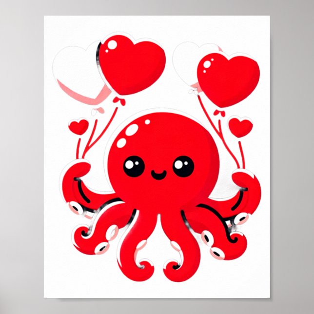 Poster Octopus With Heart Lloons Adorable Valentines Day  (Frente)