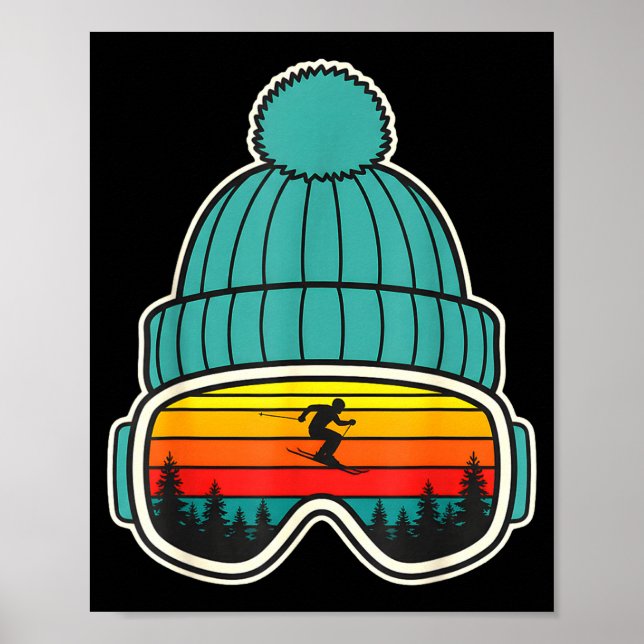 Poster Óculos de esqui retrô boné reflexão montanha sol (Frente)