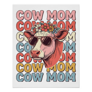Pôster Óculos de Sol Retrô Cow Mom Desenho de Gravura Vin