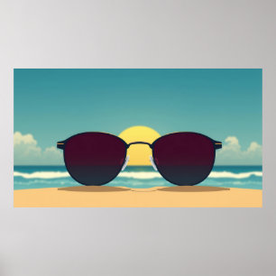Poster Óculos de Sol Retro de Praia e Sol