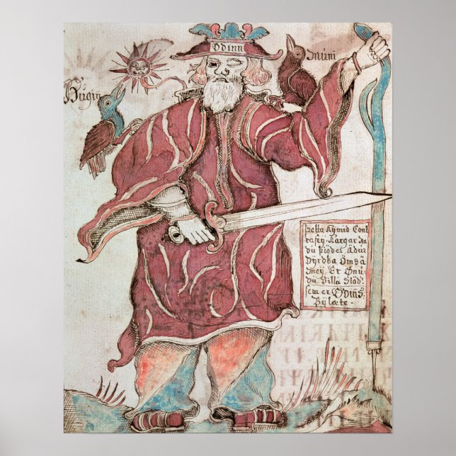 Poster Odin, with his two crows, Hugin  and Munin (Frente)