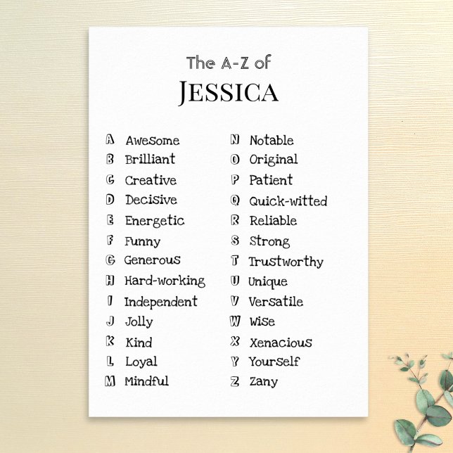 Poster Oferta Personalizável de Qualidades Positivas Amig (An A to Z to personalize with the recipient's good qualities as a thoughtful and encouraging gift)