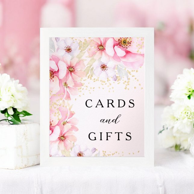 Poster Ofertas de Cartões Dourados Florais Elegantes Rosa (Elegant Pink Floral Gold Glitter Cards Gifts Poster)