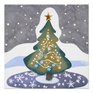 Pôster Oh Árvore de Natal Pintura de Inverno em Aquarel