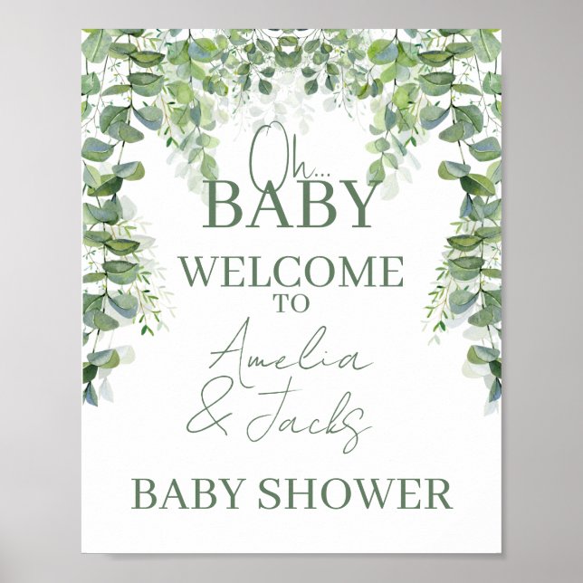 Poster Oh Baby Greenery Chá de fraldas Sinal de Boas-vind (Frente)