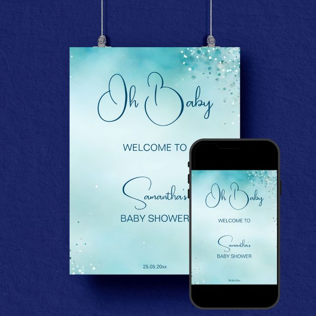 Poster Oh bebê cyan aqua azul chá de fraldas bem vindo (Oh baby cyan aqua blue baby shower welcome sign poster editable template digital download simple )