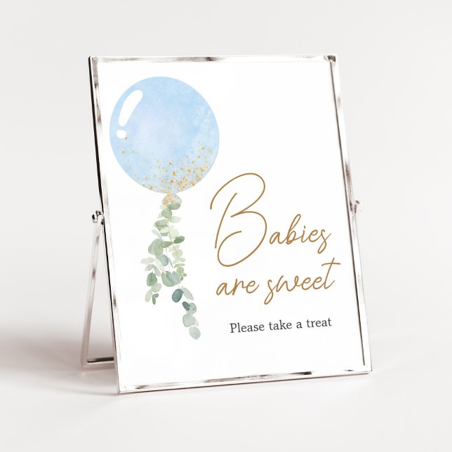 Poster Oh Boy Balloon Chás de fraldas Bebês são doces (Blue Balloon Eucalyptus Baby Shower Babies are Sweet Sign)