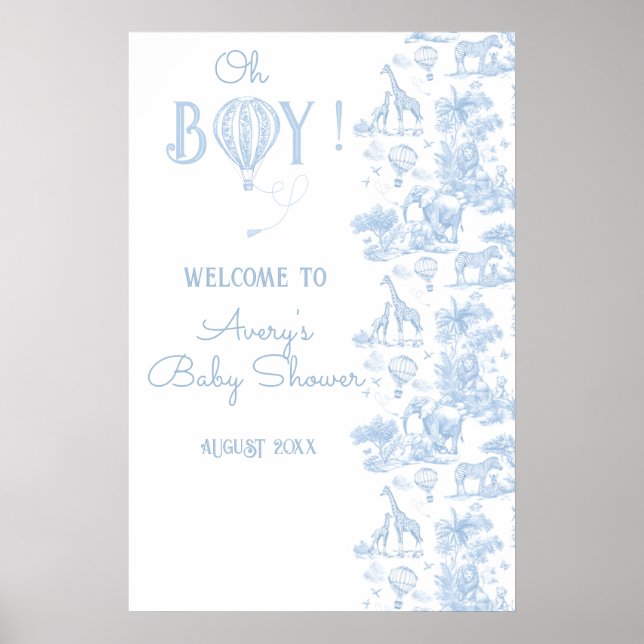 Poster Oh Boy Blue Toile Safari Animal Baby Shower (Frente)