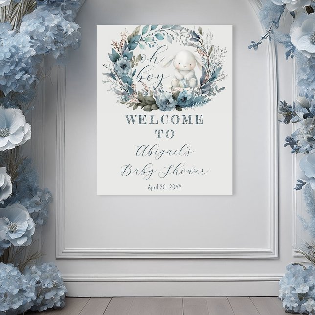 Poster Oh Boy Bunny Rabbit Blue Floral Wreath Chá de fral (Bunny Rabbit and Blue Floral Wreath Boy Baby Shower Poster - "Oh Boy" Bunny Collection -Print | Digi)