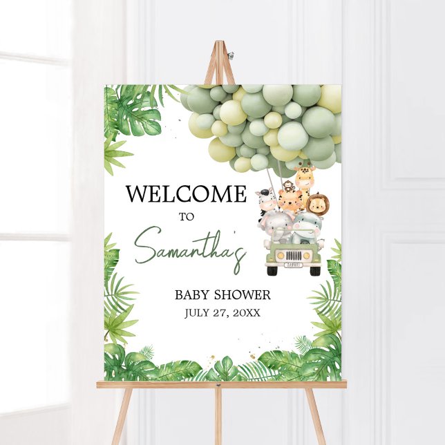 Poster Oh Boy Jungle Safari Chá de fraldas Bem-vindo (Safari Truck Balloons Baby Shower Welcome Sign)