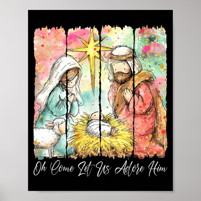 Poster Oh Come Let Us Adore Him Nativity Scene Christian  (Frente)