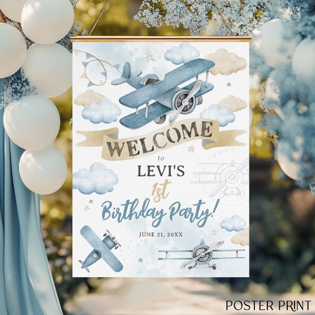 Poster Oh How Time Flies Airplane Birthday Party Welcome (How Time Flies neutral watercolor blue plane airplane cute boy birthday party welcome sign poster)