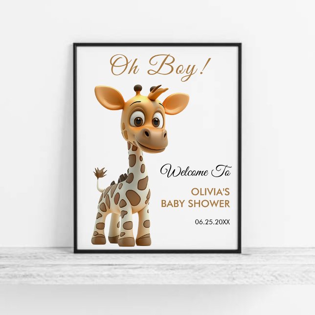 Poster Oh Menino Girafa Bonito Chá de fraldas Bem-vindo (Oh Boy Baby Giraffe Cute Boy Baby Shower Welcome Sign )