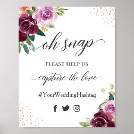 Poster Oh Sinal de Casamento Floral de Plum Purple Hashta